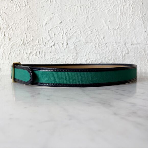 Talbots Belt Green Canvas Navy Leather Trim Gold Tone Buckle Women\'s L Preppy main image 6